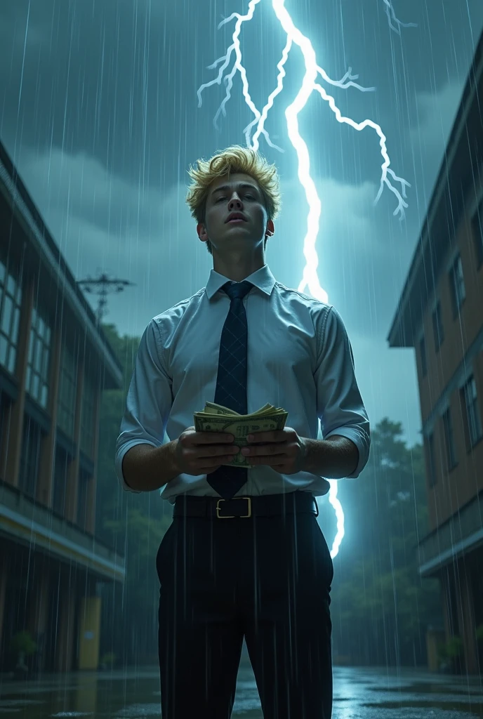 Make a tall, blond young man in a university uniform holding money shocked by lightning while it's raining.