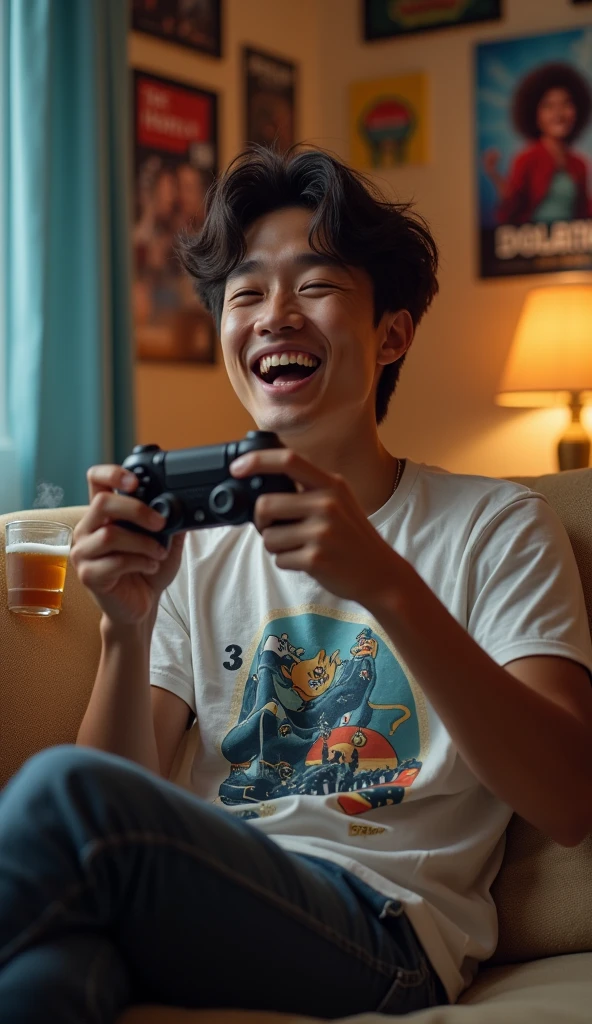 photorealistic, best quality, masterpiece, extremely detailed, (side view), extremely handsome, 20 year old borneo man, no facial hair, muscular build, wearing 8bit graphic tshirt, laughing out loud, looking directly at camera, holding a video game console controller in right hand, holding a beer can in left hand, sitting on couch, in fun bedroom, movie posters on the wall, extremely romantic atmosphere, perfect face, perfect fingers, perfect hands, perfection