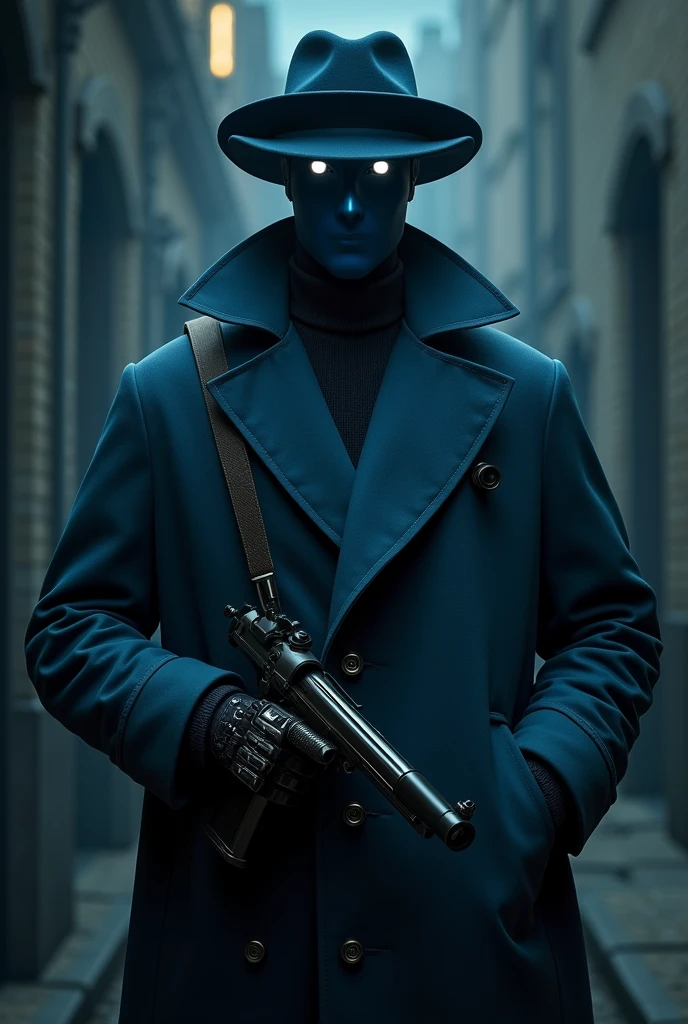 A comic noir-themed humanoid robot, wearing a closed blue trench coat, a blue fedora hat, a mask without details instead of a blue colored face with two unique white eyes and a Mauser in its right hand 