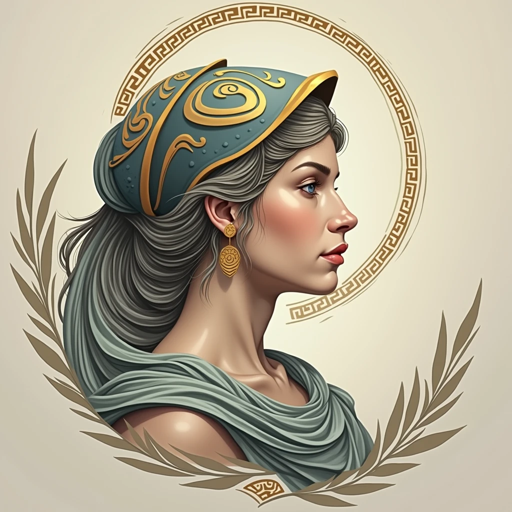 Head of Athena with Stylized Helmet: Imagine the head of Athena, the goddess of wisdom and war, designed in an elegant and simplified way. Her face would be serene and imposing, with classic features, highlighted by soft shadows and striking contours in the neo-traditional style. The Greek war helmet, simplified, could have curved and smooth lines characteristic of Art Nouveau, without too many excessive details.

Around the helmet, small simple ornaments, like stylized olive leaves, could intertwine, representing wisdom and peace, with a fluid and elegant touch. The crown or elements that decorate the helmet can follow a repetitive and delicate pattern, maintaining the Art Nouveau aesthetic.

The color palette may include shades of gold, white and deep blue, evoking Greek iconography, but applied with the vibrancy and contrasts of the neo-traditional style. This design would be a fusion of harmony, power and simplicity, capturing the essence of ancient Greece with a modern and fluid aesthetic.