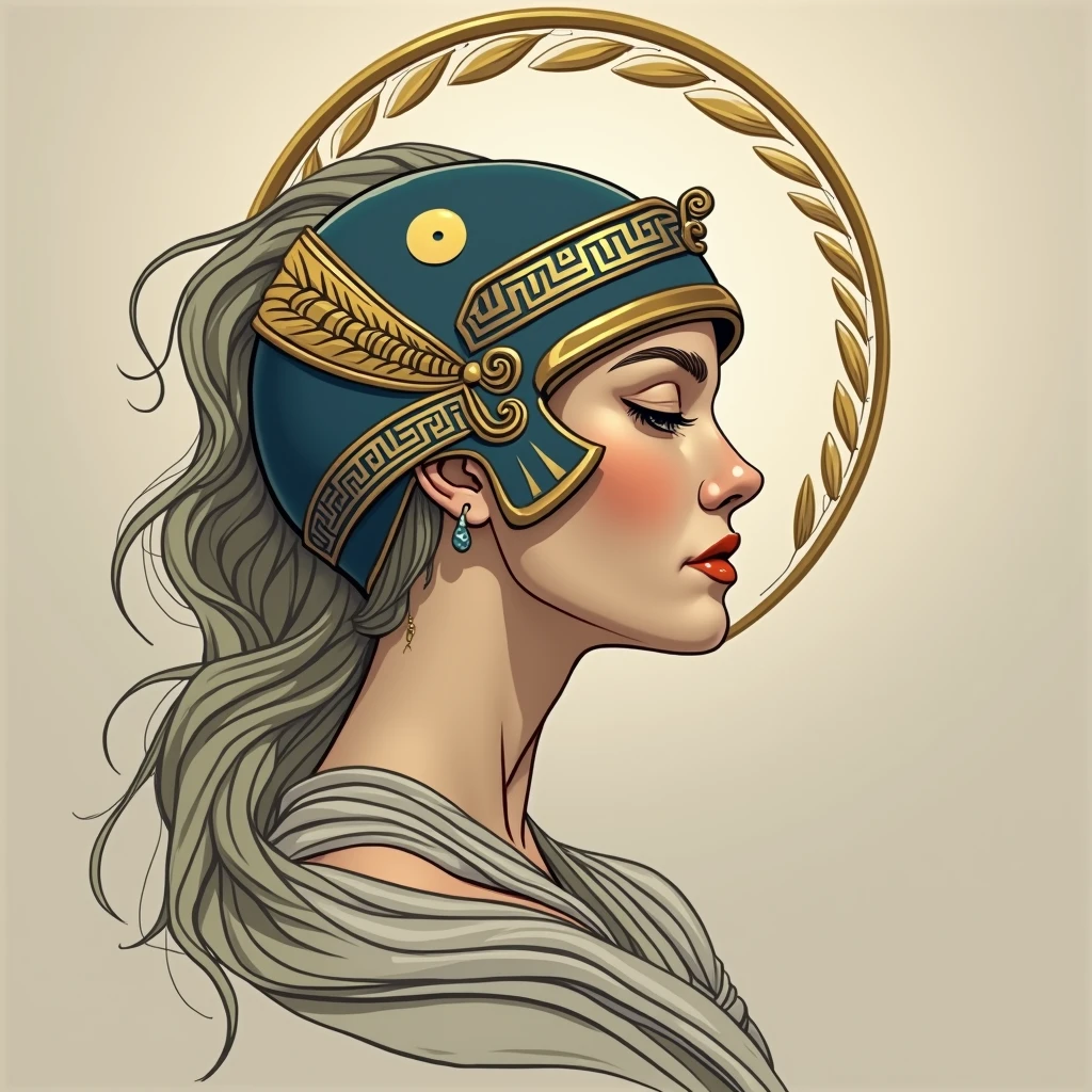 Head of Athena with Stylized Helmet: Imagine the head of Athena, the goddess of wisdom and war, designed in an elegant and simplified way. Her face would be serene and imposing, with classic features, highlighted by soft shadows and striking contours in the neo-traditional style. The Greek war helmet, simplified, could have curved and smooth lines characteristic of Art Nouveau, without too many excessive details.
Around the helmet, small simple ornaments, like stylized olive leaves, could intertwine, representing wisdom and peace, with a fluid and elegant touch. The crown or elements that decorate the helmet can follow a repetitive and delicate pattern, maintaining the Art Nouveau aesthetic.
The color palette may include shades of gold, white and deep blue, evoking Greek iconography, but applied with the vibrancy and contrasts of the neo-traditional style. This design would be a fusion of harmony, power and simplicity, capturing the essence of ancient Greece with a modern and fluid aesthetic.