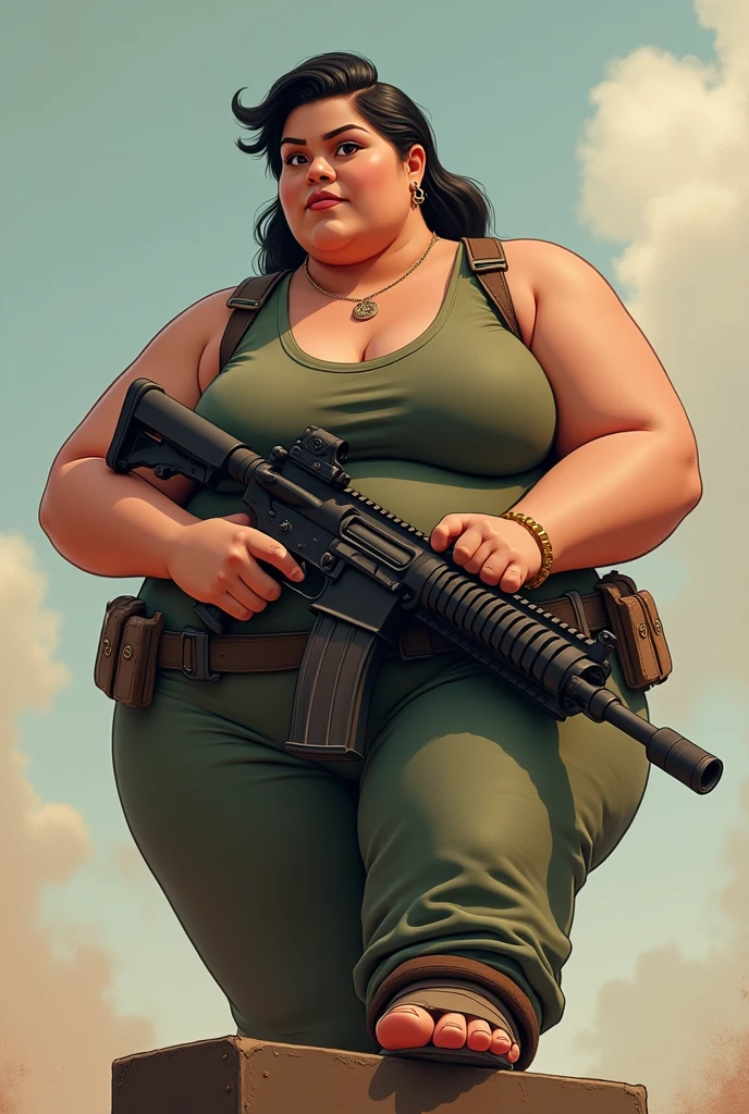 There is a chubby woman holding a machine gun and her 1 foot is in the object then the gun is in her lap and she is standing make it animated