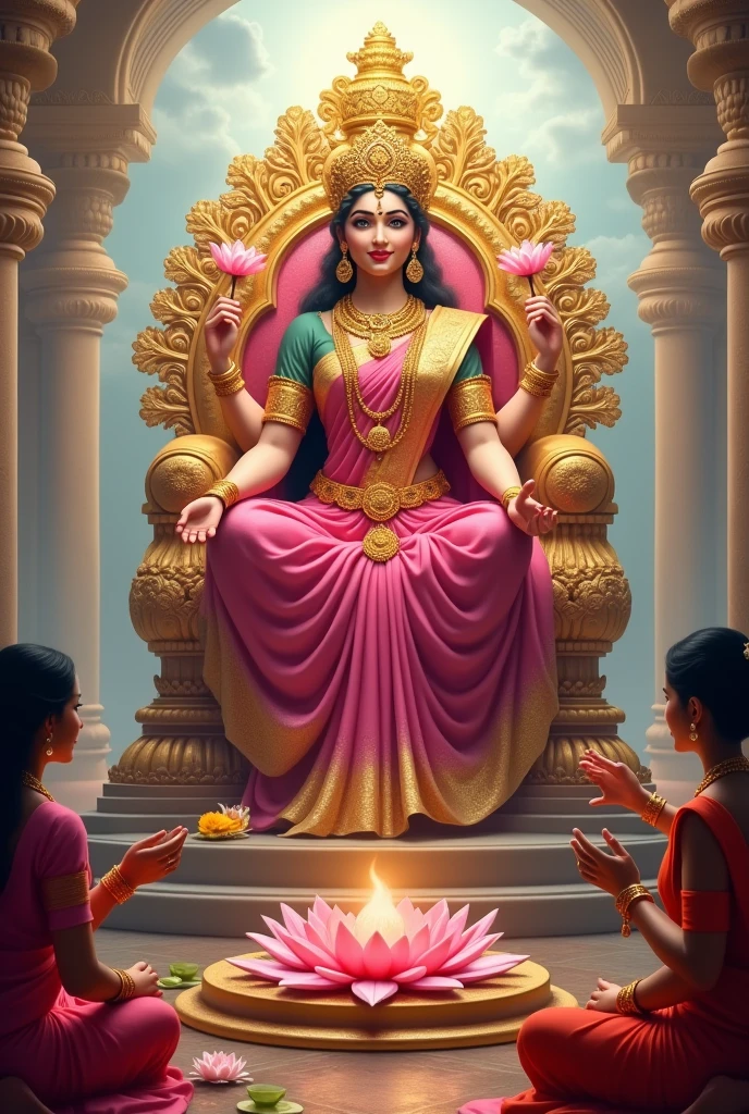 God varalakshmi devi picture sitting on God simhasana
, beautiful faca, spiritual background,with Pooja, designed flowers,some women's are doing Pooja,hd, clear ity, image, pink 
saree,with God arnoments flowers on hand Lotus flower on back hands,God blessing for peoples 
