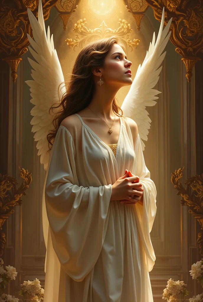 a beautiful young woman, cinematic lighting, biblical, mystical, spiritual, ethereal, soft glowing light, heavenly, religious, angelic, divine, peaceful, serene, contemplative, robed figure, looking upwards, religious iconography, ornate background, rich colors, oil painting, high detail, photorealistic, 8k, ultra-detailed