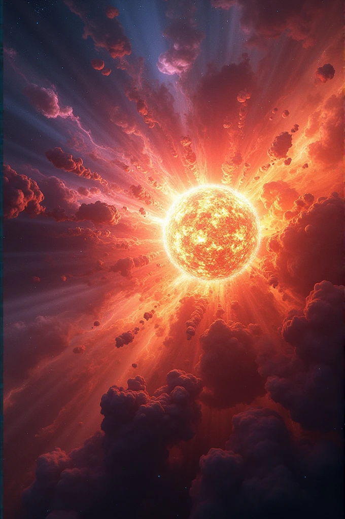 Depict an explosion (supernova) with heavier elements being ejected outward as colorful, expanding clouds.
