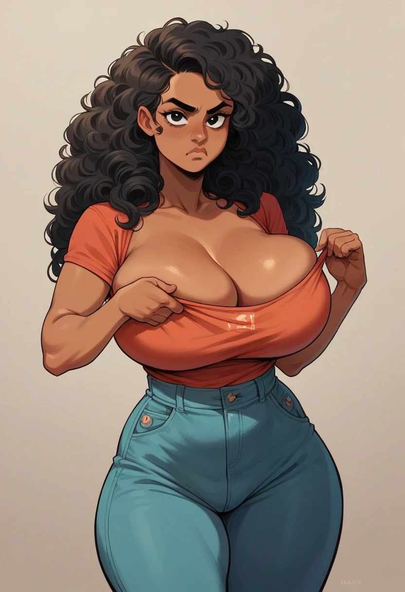Masterpiece, 1 girl, black hair, curly hair, huge breasts, wide hips, black eyes, brown skin, arab, big breasts, round ass, athletic, slutty, serious, cute face, flirting