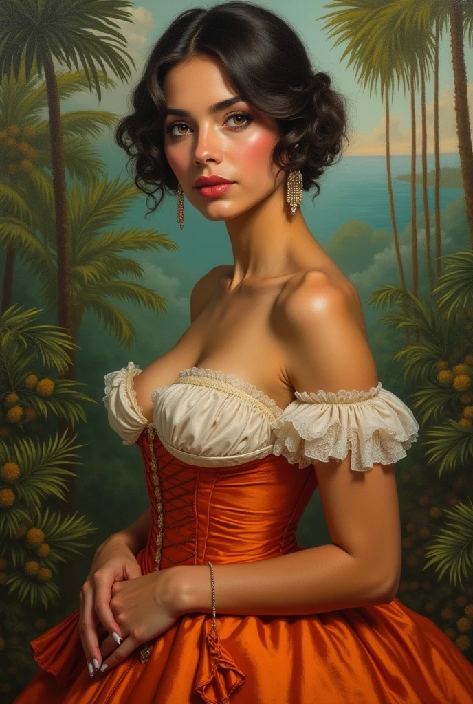 Oil painting of a Beautiful latina woman perfect body short brunette hair,  dressed in elegant victorian era 19th century American colorful conservative formal studio lighting,  beautiful outdoor paradise background 
