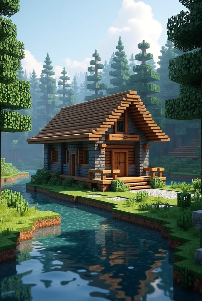 Minecraft house size 17 x 34 on the sides in taiga biome by the river