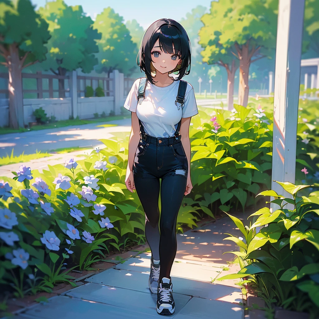 (high quality, High resolution, Very detailed, reality:1.37), Peaceful atmosphere, (Outdoor, garden), Teenage girl standing alone, (my breasts are big.), Beautiful details, Cute Smile, (Black bob hair), Short sleeve shirt, Overalls, Black tights, sneakers.