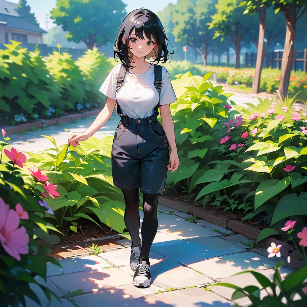 (high quality, High resolution, Very detailed, reality:1.37), Peaceful atmosphere, (Outdoor, garden), Teenage girl standing alone, (my breasts are big.), Beautiful details, Cute Smile, (Black bob hair), camisole, Denim skirt, Black tights, sneakers.