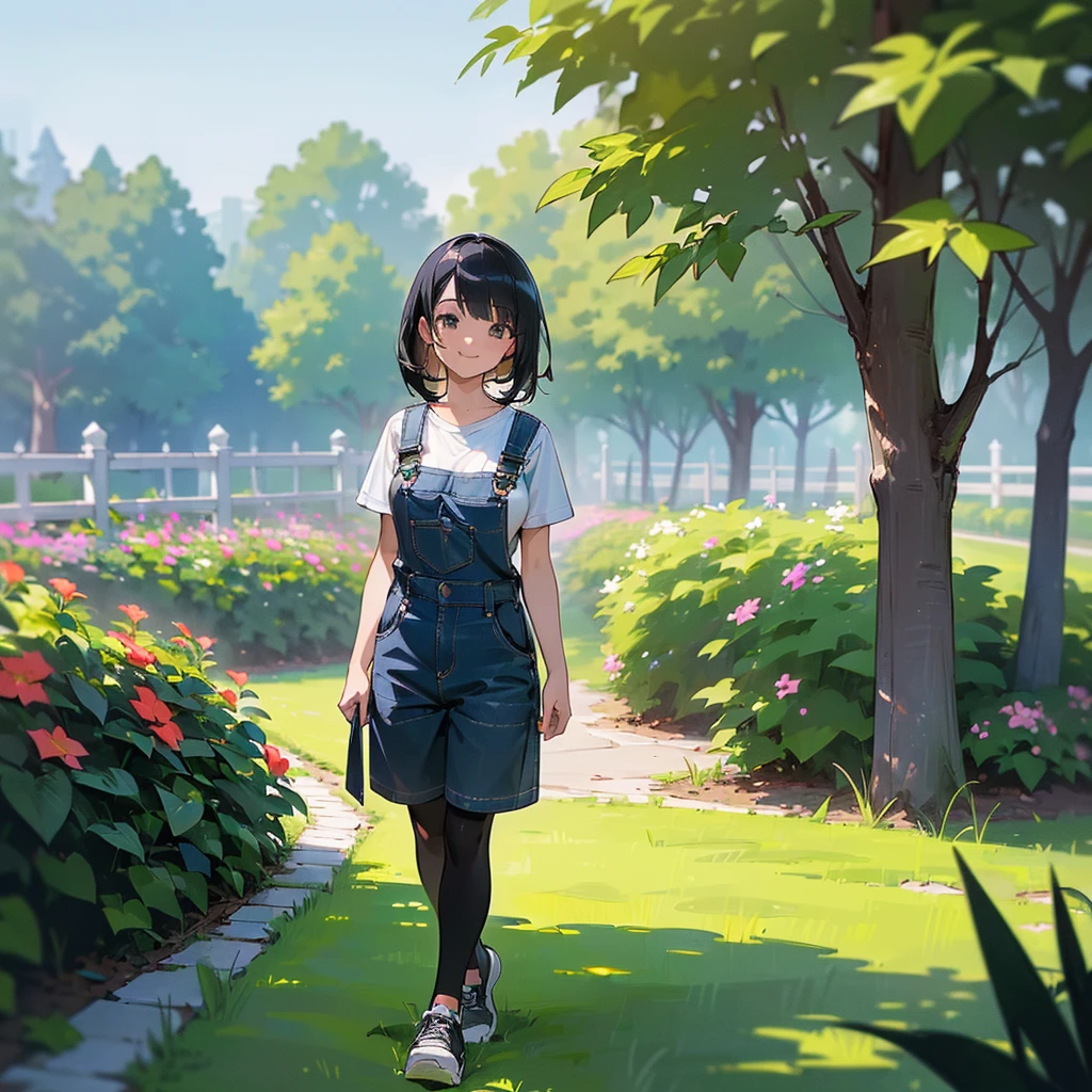 (high quality, High resolution, Very detailed, reality:1.37), Peaceful atmosphere, (Outdoor, garden), Teenage girl standing alone, (my breasts are big.), Beautiful details, Cute Smile, (Black bob hair), Short sleeve shirt, Overalls, Black tights, sneakers.