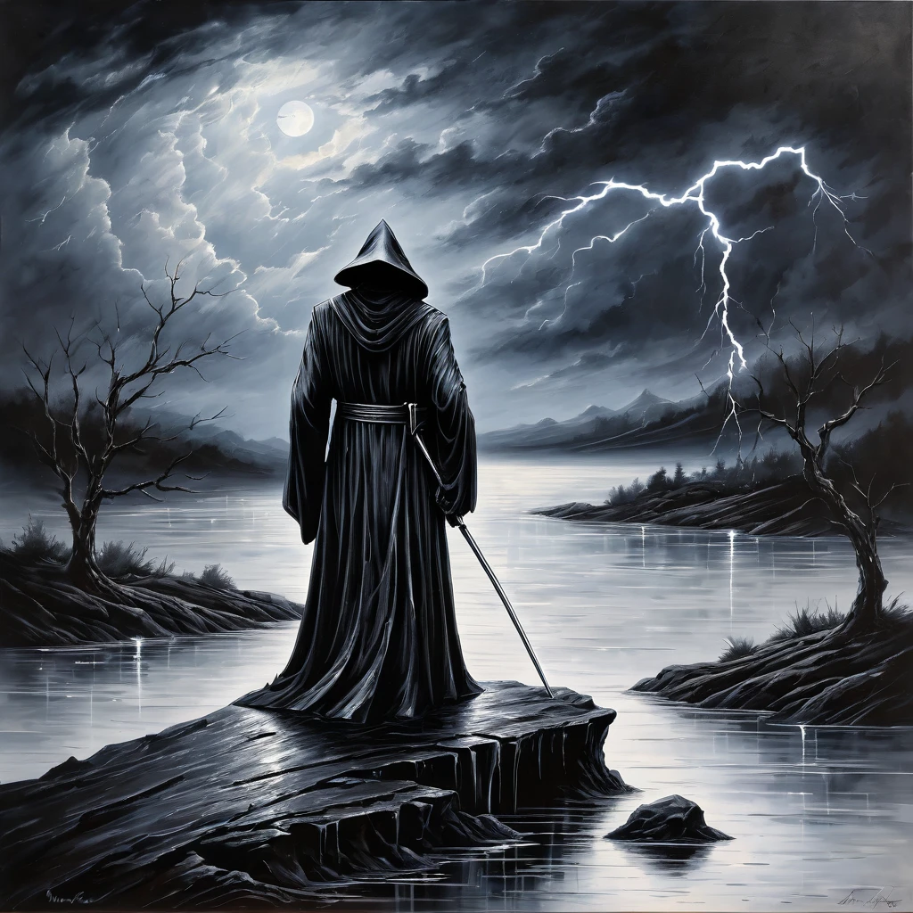 ((Liquid Metal Art)), the painting is painted with liquid metal on textured paper and depicts a beautiful minimalistic landscape with a Black Grim Reaper standing on a lonely rock, Liquid Metal Black Grim Reaper looks ominous and gloomy, in the background is a gloomy sky with clouds and lightning, the painting is made of liquid metal. Metal, masterwork, clear contours, 32 carats
