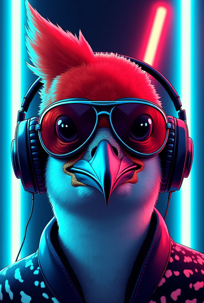 A pop art illustration of a woodpecker's face, wearing headphones and aviator sunglasses, with blue and red neon lights balance