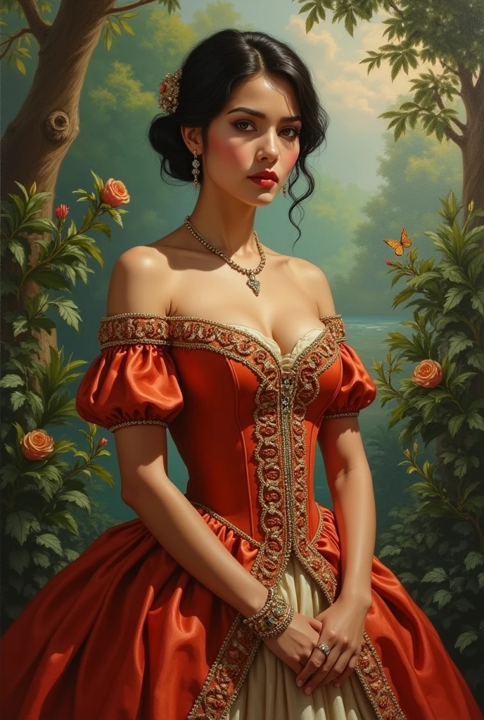 Oil painting of a Beautiful latina woman perfect body short brunette hair,  dressed in elegant victorian era 19th century American colorful conservative formal studio lighting,  beautiful outdoor paradise background 