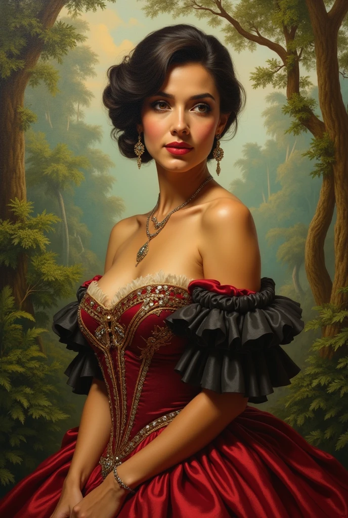 Oil painting of a Beautiful latina woman perfect body short brunette hair, dressed in elegant victorian era 19th century American colorful conservative formal studio lighting, beautiful outdoor paradise background