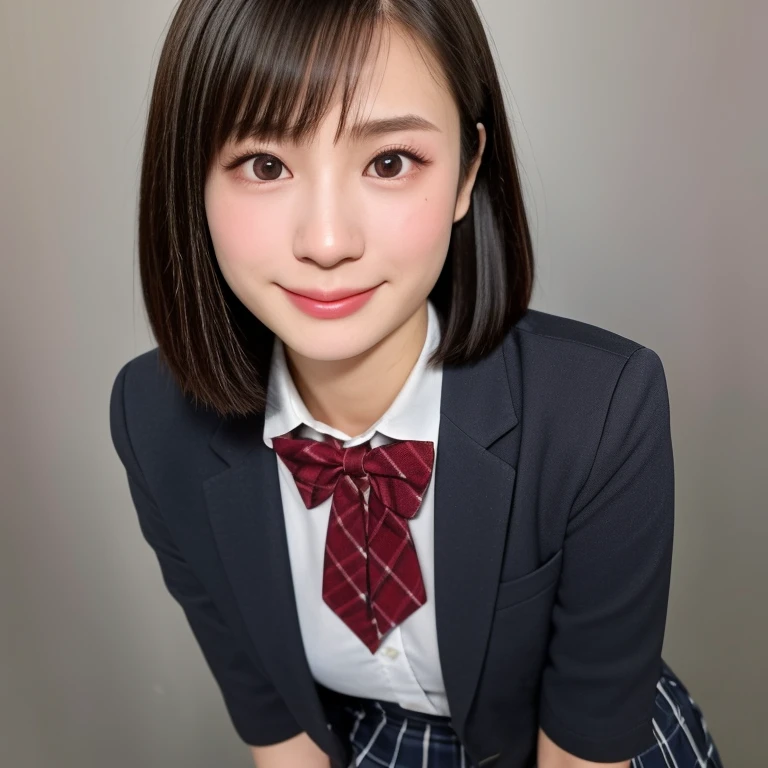 (kawaii 18 year-old Japanese girl, Nogizaka idol, Korean idol), healthy female athlete body, (glossy black hair, short hair, pixie cut, bangs:1.3), (rounded face, pure black eyes, single eyelid, no makeup, best smile:1.2), (wearing Japanese school uniforms, blazer jacket, collared shirt, bow tie:1.3), extra small breasts, (plaid skirt, bare thighs visible:1.3), BREAK, (simple grey background:1.3), (ceductive posing, dynamic angle, cowboy shot, thigh focus:1.2), BREAK, (masterpiece, best quality, photo realistic, official art:1.4), (UHD, 8K quality wallpaper, high resolution, raw photo, golden ratio:1.3), (shiny skin), professional lighting, physically based rendering, award winning, (highly detailed skin, extremely detailed face and eyes, anatomically correct body), Carl Zeiss 85 mm F/1.4, depth of field, 1girl, solo,
