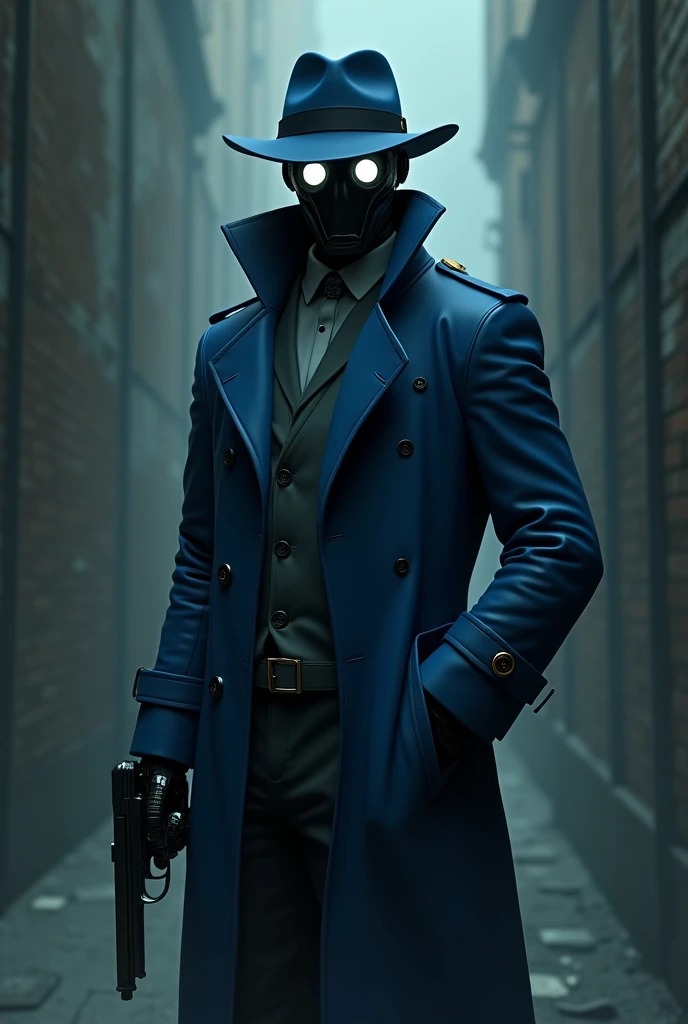 A comic noir-themed humanoid robot, wearing a closed blue trench coat, a blue fedora hat, a mask without details instead of a blue colored face with two unique white eyes and a Mauser in its right hand