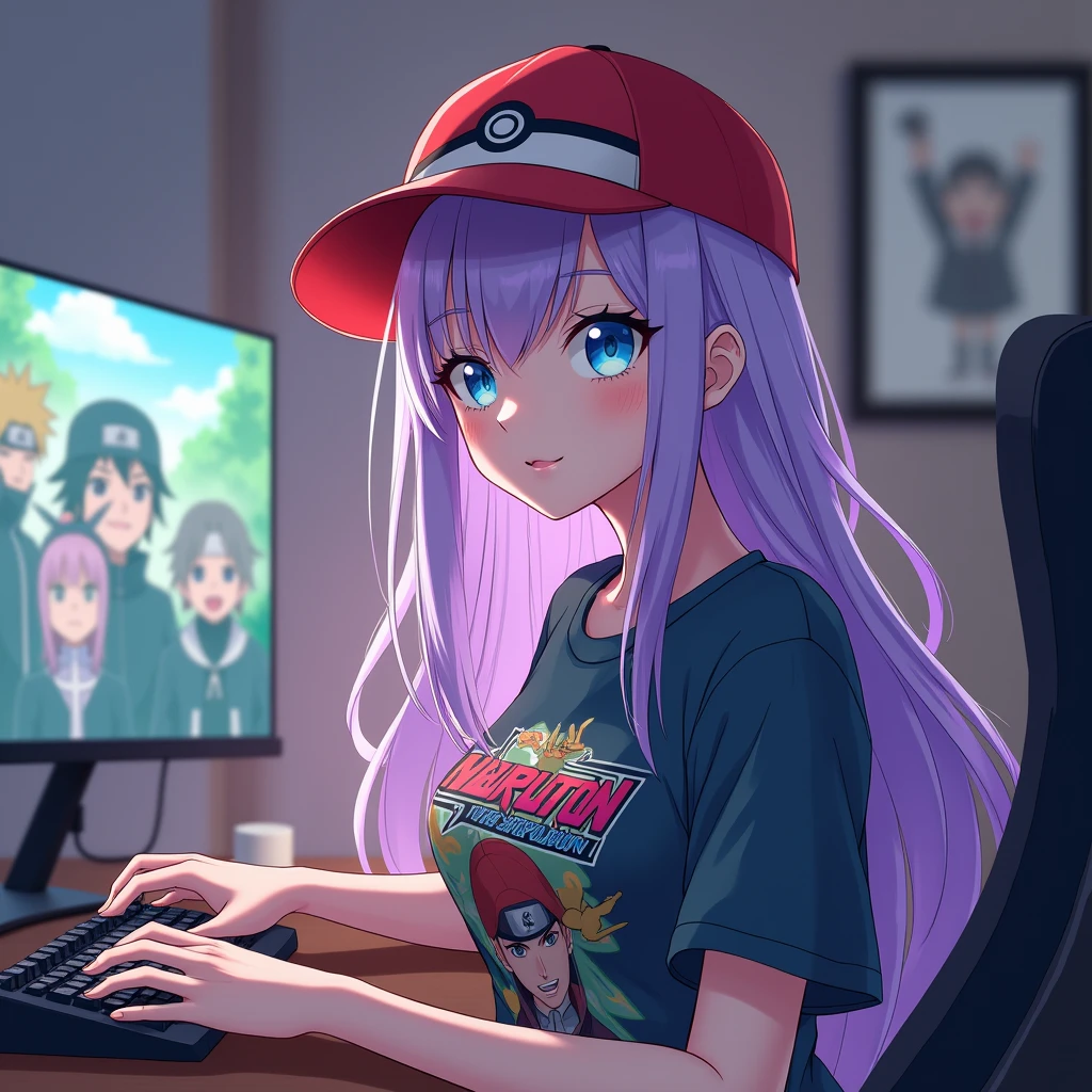 Female character, anime styling, cabelo roxo, long hair, pretty, skin fair, blue colored eyes, with a Pokémon Poké Ball hat, with naruto shippuden anime t-shirt, in a gamer room with anime on the computer
