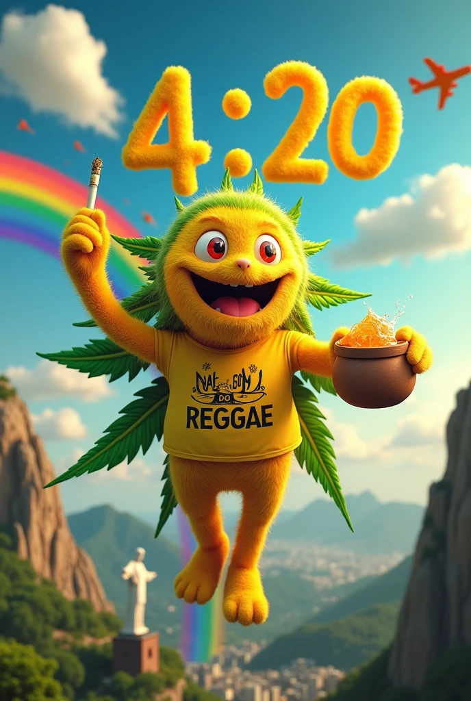 A realistic cannabis emoji with a big smile and red eyes descending from a rainbow with a pot full of honey in its hands, written in yellow rosin with white details and wearing a shirt written LUQBUD with a cigarette in its hand in front of Christ the Redeemer on a sunny afternoon with planes in the sky forming the word 4:20 NA COR DO REGGAE