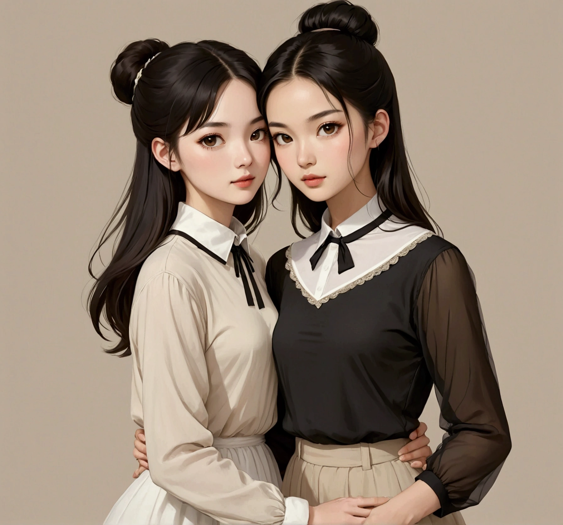 two women in love. One is a beautiful young woman with delicate Asian features and long, loose black hair, dressed in a simple light beige tulle dress with long sleeves and next to her is a beautiful young British woman with brown hair gathered in a bun, wearing a black t-shirt with a white collar trim and white wide leg jeans.