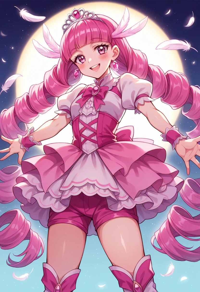 (masterpiece), Highest quality, High resolution, Very detailed, Detailed Background, Cinema Lighting, Super detailed, anime, One Girl, alone, Cure Happy, Pink Hair, (Large curls and low twin tails), Feather hair ornament, skirt. tiara, Wrist cuff, (Pink shorts), Pink shorts under skirt, boots, Smile, (Shiny fabric), Cowboy Shot, Pink Gemstones, Are standing, blush, (Beautiful attention to detail), Very detailed顔, Perfect lighting, Very detailedCG, (Perfect hands, Perfect Anatomy), Shiny material, Pink ribbon, jewelry, Latex gloss, Dynamic pose.