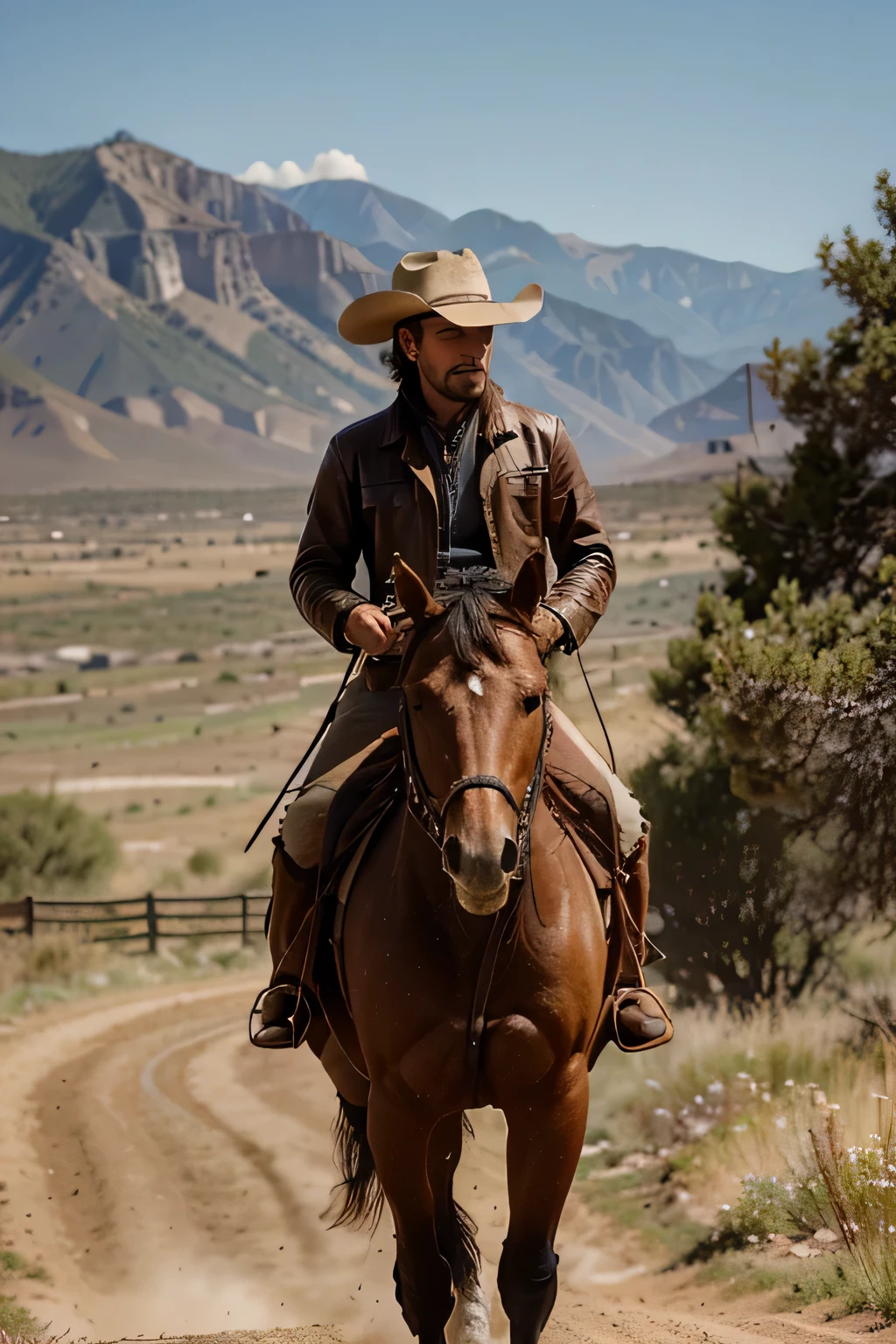 Image 1: The cowboy is in profile, astride his horse, with a relaxed but firm posture. He is wearing a wide-brimmed hat, a worn leather jacket, jeans, and leather boots. The horse, a strong brown steed with a black mane, is starting to take a step forward, with one of its front legs raised. The scene in the background is a vast open field with some distant mountains, under a clear blue sky with few clouds.
Image 2: The horse is now moving forward, with both front legs moving, and the cowboy leans slightly to keep up with the pace. The cowboy's hat casts a shadow over his face, giving him an air of mystery. The surrounding vegetation begins to show more detail, with small bushes and dry grass swaying in the wind. The sunlight illuminates the scene, creating a dramatic effect of shadows and lights.
Image 3: The horse is further forward, with its legs in a position that suggests continuous movement. The cowboy keeps his gaze fixed on the horizon, and there is a glint of determination in his eyes visible beneath the hat. Behind him, dust begins to rise gently from the arid ground, capturing the slow, deliberate movement of the walk. The mountains in the background are closer, adding depth to the scene.
Image 4: The cowboy and his horse are almost face to face, with the horse moving slowly, its head slightly lowered. The cowboy holds the reins with one hand, while the other rests on his hip. The cowboy’s expression is serene but attentive, reflecting the connection between him and the horse. The dust kicked up on the ground forms a trail that stretches behind them, and the sky begins to take on a golden hue as the sun sinks below the horizon.