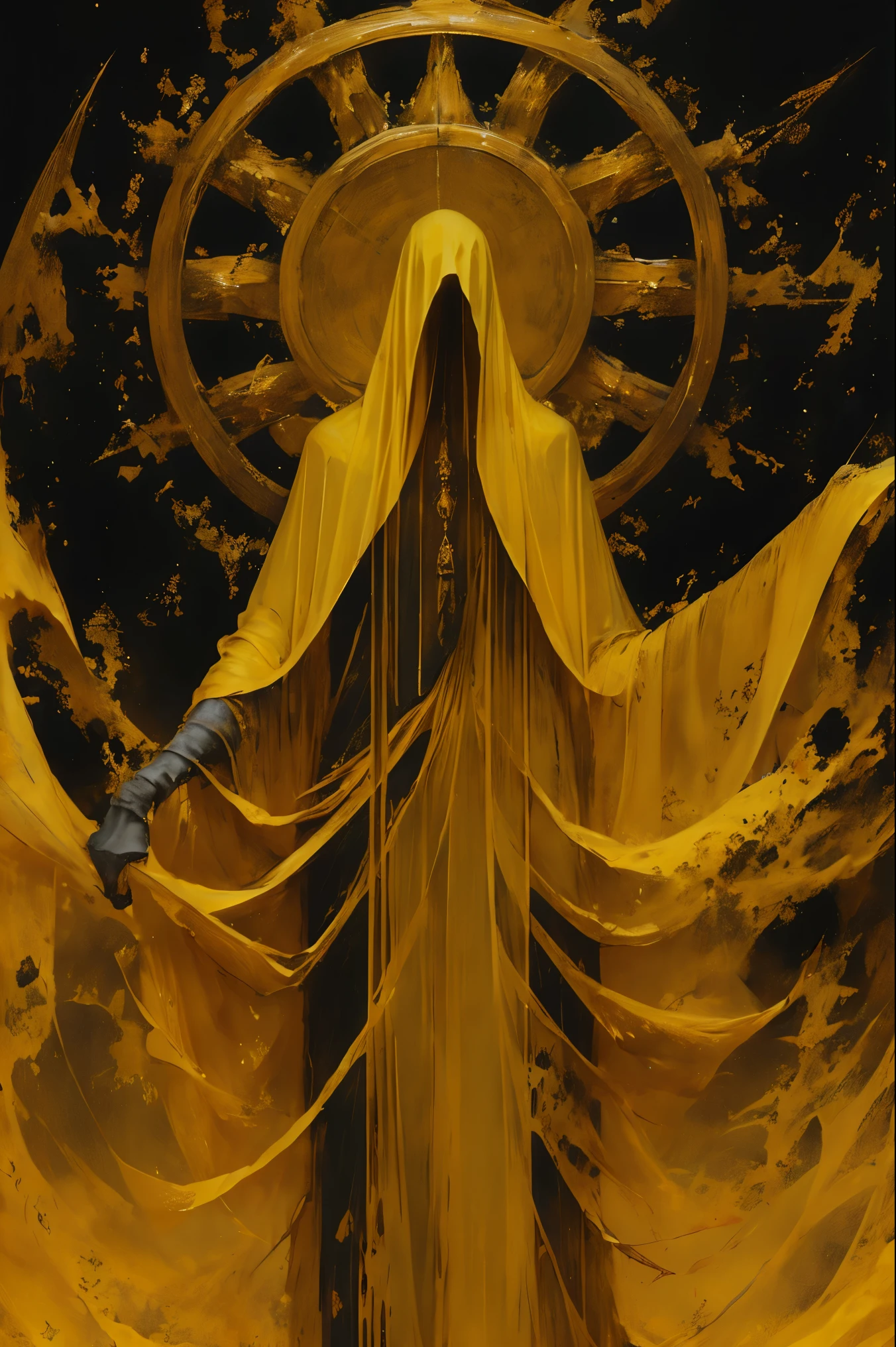 a demon, pale yellow skin, gaunt, very slender/lanky, crown of horns protruding from scalp, mischievous, large boney feet, long boney fingers, wearing vibrant yellow shawl, tattered yellow poncho, aged yellow cloth wrapped around torso and pelvis, very boney physique, nimble, yellow cowl over head, bright yellow veil covering face, very thick veil, veil covering eyes and mouth, veil obscuring face completely, no visible face, trickster, mischievous body language, skeletal body, dry gaunt flesh, crouching stance, crouching, bent legs, bending toes, arms splayed out to the sides, trickster god