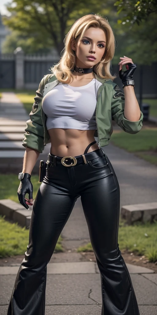 8k, masterpiece, best quality, ultra-detailed, sonyablade, 1girl, solo, long hair, blonde hair, cute blue eyes, breasts, choker, crop top, cropped green jacket, black fingerless gloves, full body, highleg panties, jacket, combat boots, lipstick, makeup, (abs:0.3), midriff, navel, black pants(Wide flares on pants:1.2),
