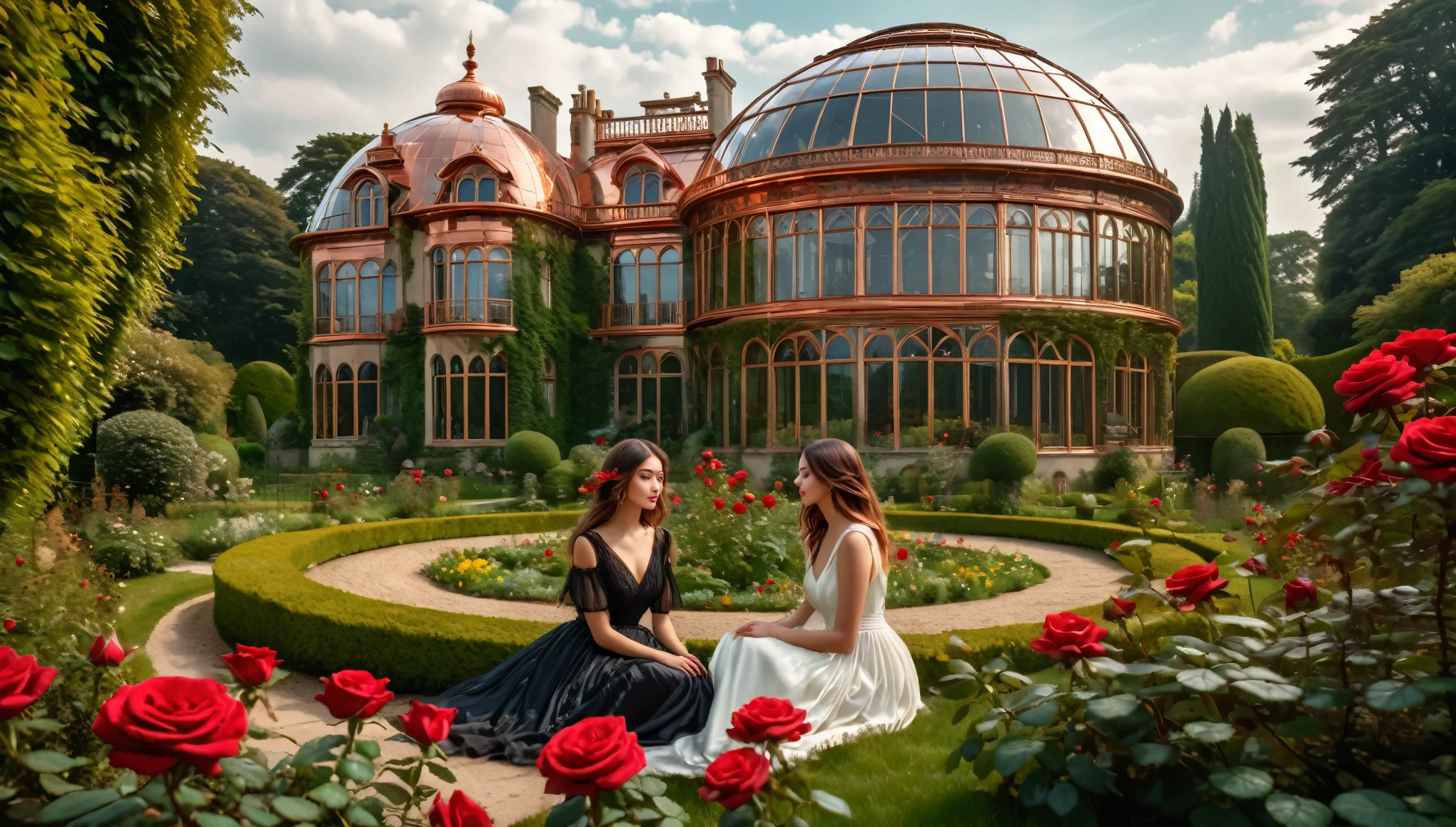 photo of a palace with a garden and red roses in front of it, inspired by beautiful  large copper and glass dome house, detailed photo 4 k, inspired by  beautiful art uhd 4 k, old English countryside exterior, beautiful digital artwork, ornately detailed, by Arthur Pan, rich picturesque colors, 2 Beautiful women sitting in the garden