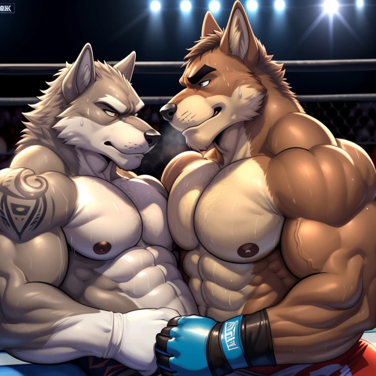 Duo male(Brown Wolf vs Gray Wolf), handsomes(handsome hairstyle, Thick eyebrows, detailed face), gay(Lying down, cuddling, body with body, wrestling at each other, face to face, on a UFC match), hot(Shirtless), handsomes(They are handsomes, correct ???????), musculosos(Big muscle bodies, Six packs, muscle abs, big pecs), sweaty(very sweaty wet bodies, shiny sweat), tatuajes(they have tattoos), grumpy(Both have an grumpy expression, grumpy teeths, steaming breath), UFC gloves(They both are wearing UFC gloves), Hight resolution, by(Zourik:1.1)