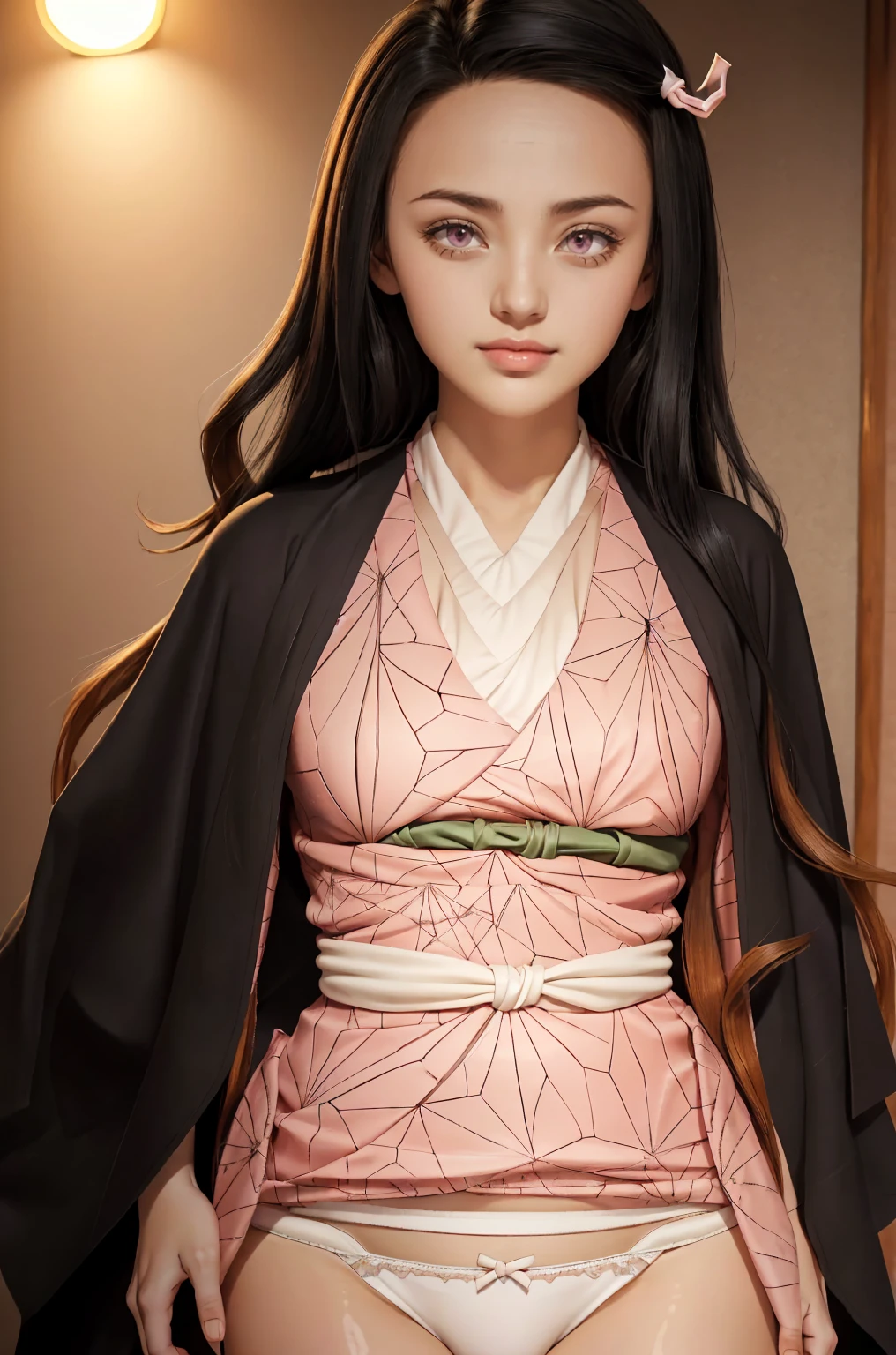 (Ultra Real), (Illustration), (High Resolution), (8K), (Very Detailed), (Best Illustration),  (Beautiful Detailed Eyes), (Best Quality), (Ultra Detailed), (Masterpiece), (Wallpaper), (Detailed Face), Night Up, Ice Cream,Long Hair,Solo,Simple Kimono Top Girl, Sweaty, Japan Person, Big , (Camel Toe), (Nezuko Kamado, Kamado Nezuko, pink kimono), Flirty Smile, seductive, pomade, cleavage, (very short kimono, dress lift, flashing viewer, white panties:1.5)