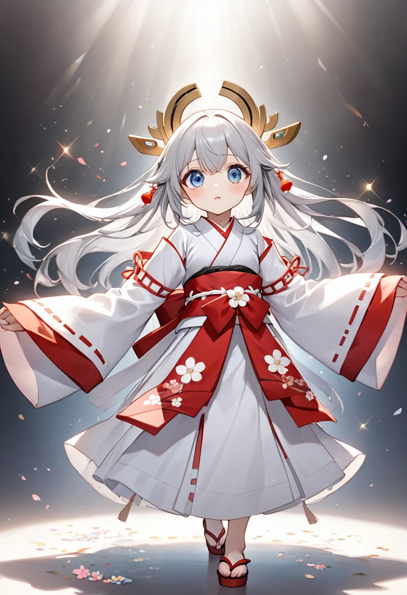 High definition、8K、巫女服を着た清楚なbeautiful girl、Flowers sprout from beneath your feet、15age~18age、Long silver hair that's half blue、Full body portrait、beautiful girl、A long-sleeved miko outfit、Large eyes with the sparkle of opals、Powerful eyes、Kagura Dance