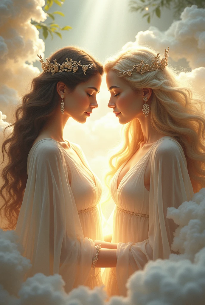 Personified Spain and great Britain empires, as two females, looking down on earth through the clouds in an approving manner like gods , in anime style