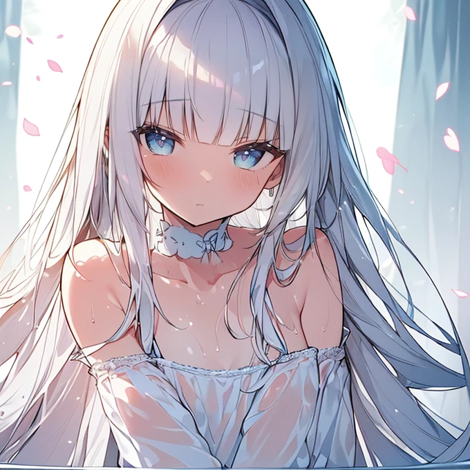 1 girl, White fluffy bikini, (((Wet))), White Room, Cinema Lighting, Hot room, Beautiful long neck, choker,relax, Raise your knees:1.5, Sleepy milky white face, White micro bikini, Beautiful long thighs, Pale skin, beautiful thin face、Nap time , Detailed Hair, (Beautiful big round eyes), (The extremely complex pupil in the eye, Shining Eyes),  Lips parted, cute, cute, ( Flat Chest), thin, (Very delicate and beautiful skin), Very detailed costume, Perfect Anatomy, Dynamic Angle, break (masterpiece, Highest quality), (Ultra high definition 8K), (Perfect design), Absurd, High resolution, ((blush)), (Ultra-fine illustrations), ((light blue Long Hair))), 24 years old, Long Hair ((blush)), masterpiece, Highest quality, (wonderful, Beautiful attention to detail, Blunt bangs),、(最High resolution、clear_image) Highest quality、(((Transparency)))、Light and shadow contrast、Simple Backgrou1 girl, White fluffy bikini, (((Wet))), White Room, Cinema Lighting, Hot room, Beautiful long neck, choker,relax, Raise your knees:1.5, Sleepy milky white face, White micro bikini, Beautiful long thighs, Pale skin, beautiful thin face、Nap time , Detailed Hair, (Beautiful big round eyes), (The extremely complex pupil in the eye, Shining Eyes),  Lips parted, cute, cute, ( Flat Chest), thin, (Very delicate and beautiful skin), Very detailed costume, Perfect Anatomy, Dynamic Angle, break (masterpiece, Highest quality), (Ultra high definition 8K), (Perfect design), Absurd, High resolution, ((blush)), (Ultra-fine illustrations), ((light blue Long Hair))), Long Hair ((blush)), masterpiece, Highest quality, (wonderful, Beautiful attention to detail, Blunt bangs),、(最High resolution、clear_image) Highest quality、(((Transparency)))、Light and shadow contrast、Simple Background、((Soaring blue petals))、((Enlighten))、Very detailed、Semi-realistic、((compensate)),Braided Hairstyles、Expressionless、((White shirt))、((View from above))、Delicate facial features、Facial Features、the whole body、Large breasts,Large breasts, 