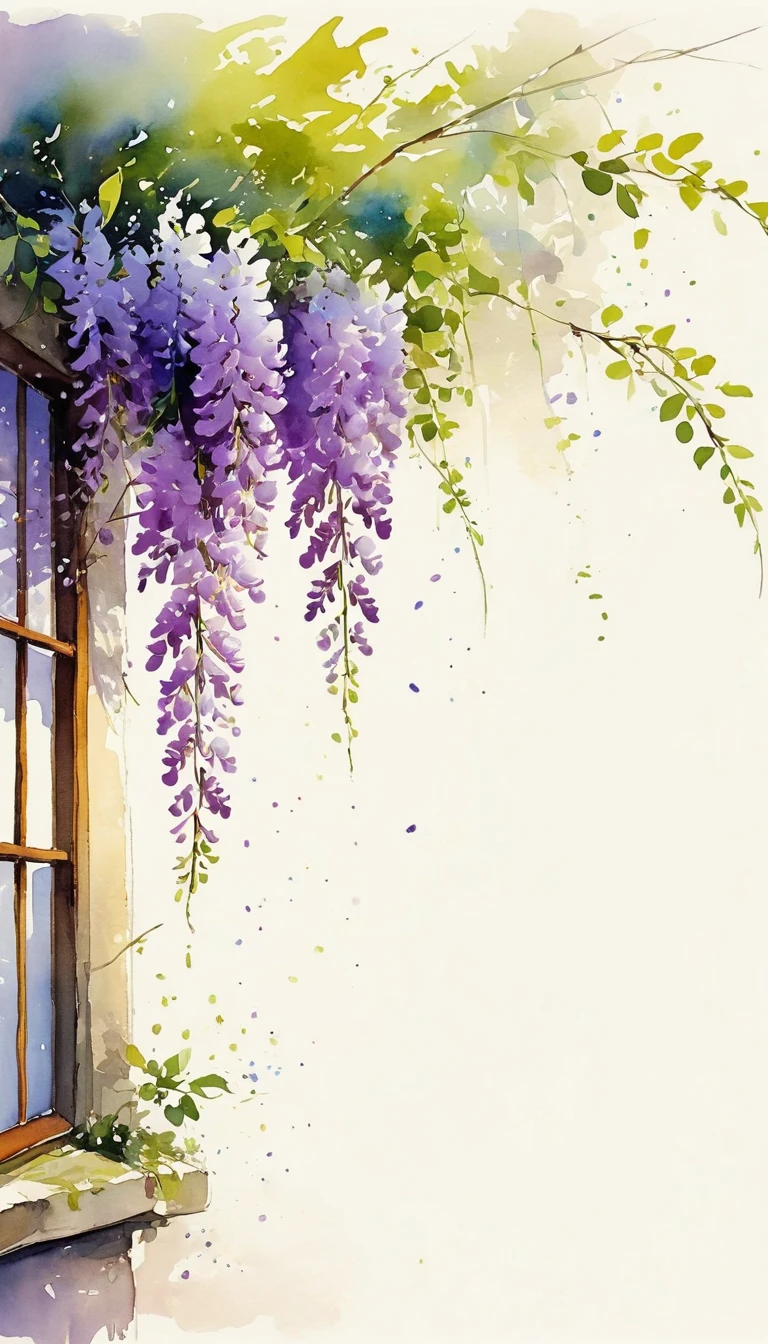 中国水墨画sketch：Light Ink，Lowercase，sketch，artistic conception，Wisteria，window，Minimalism，(((Negative Space,Bottom left composition)))