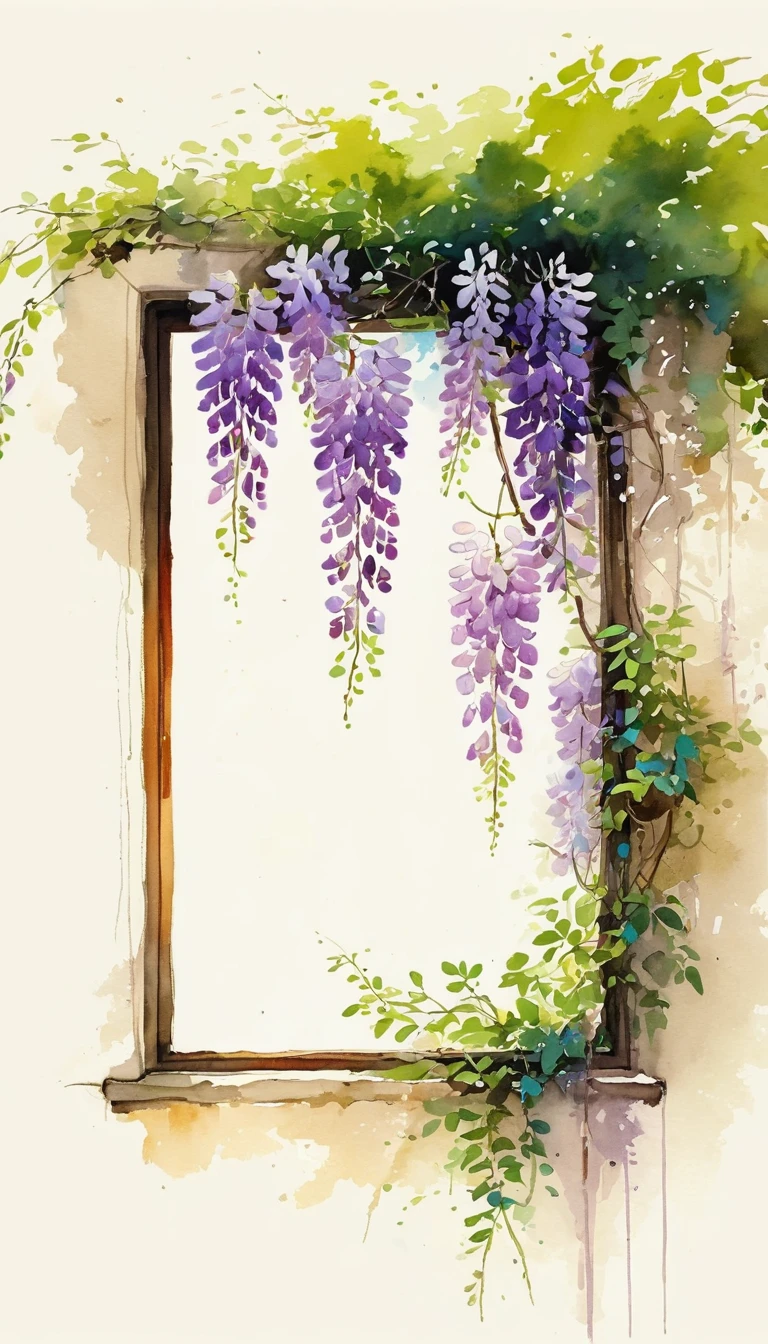 中国水墨画sketch：Light Ink，Lowercase，sketch，artistic conception，Wisteria，window，Minimalism，(((Negative Space,Bottom left composition)))