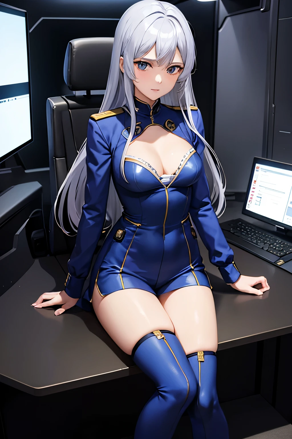 (((Highest quality、first class、masterpiece、Normal body、8k、Detailed face、Ultra-precision、normal hand、Normal refer to、5refer to、Highest)))、Eternal Frail、Silver Hair、Long Hair、slender、Small breasts、Lady、kind、clear、pure、A blue suit that reveals a cleavage、Navy blue shorts、"SDGundamGジェネレーション"、Gundam、Gundamを操縦、Gundamパイロット、Mobile Suit Pilot、Gundamのコクピット、Mobile Suit Cockpit、Sit in the cockpit、Seat belt、胸にSeat belt、Grip the control stick、Surround monitor、All-day monitor、View Monitor、universe戦、universe、Fast Combat、High-speed maneuver