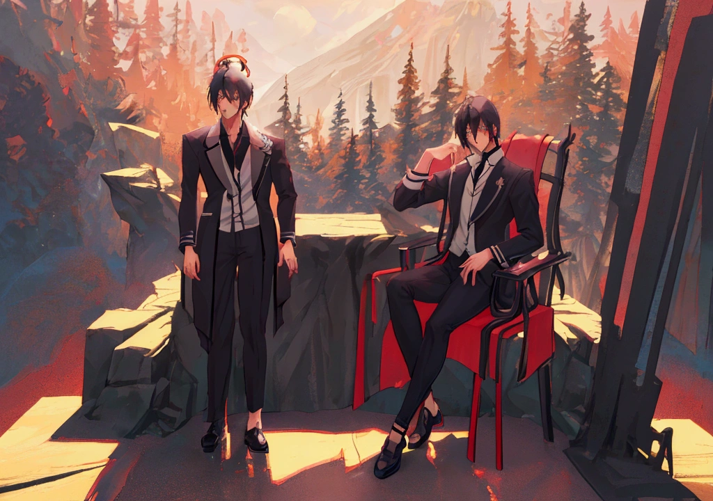 Masterpiece, Best Quality, (Anime), ((extreme wide shot)), (((full body))), ((((shot from head to leg)))), (Illustration), (1 man), mature man, Japanese anime style, messy short hair with bangs, (black hair), white skin, smug expression, derisive smirk, confident eyes, handsome, (black clothes), clothes, complicated clothing, sitting on chair, demon king pose, demon king chair, sitting legs crossed, fine facial details, confident eyes, ((visible face)), (detailed face), cinematic lighting, detailed everything, (nature background), beautiful background, detailed texture, high contrast lighting, ultra-realistic shadows.