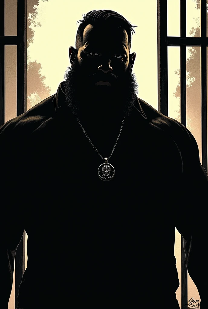 The silhouette of a robust man with a beard, specifically with a prisoner's pendant., by the wide. The image that is far away from the person's silhouette and is inside a prison well 
