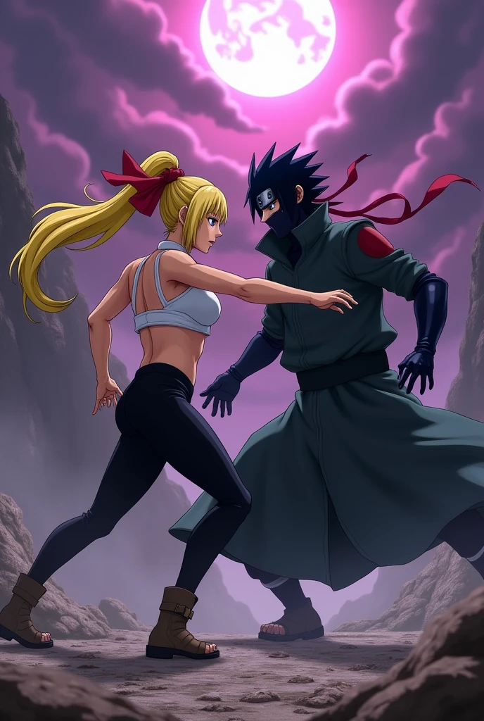 A woman with a defined physique,long yellow hair tied with a red ribbon,blue eyes,white cropped sleeveless t-shirt,a red ribbon on one of her arms near her shoulder,black pants stuck to his legs,Brown boots,beating up Madara Uchiha(from the Naruto Shippuden anime) in a rocky area with a negative purple sky(anime style)