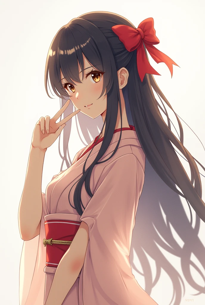 masterpiece, Highest quality,One person, alone, Stagnation, red bow, bow, Long Hair, hair bow, alone, Black Hair, Short sleeve, bangs,  Brown eyes, kimono, masterpiece, Wow smile, (figure: 1.5), peace sign