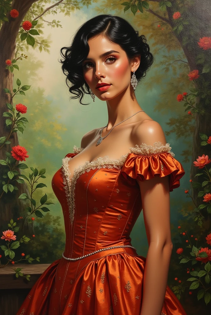 Oil painting of a Beautiful latina woman perfect body short brunette hair, dressed in elegant victorian era 19th century American colorful conservative formal studio lighting, beautiful outdoor paradise background