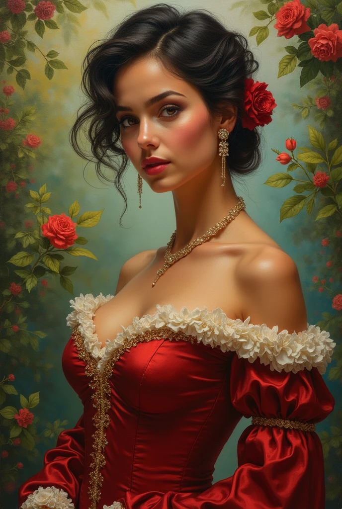 Oil painting of a Beautiful latina woman perfect body short brunette hair, dressed in elegant victorian era 19th century American colorful conservative formal studio lighting, beautiful outdoor paradise background