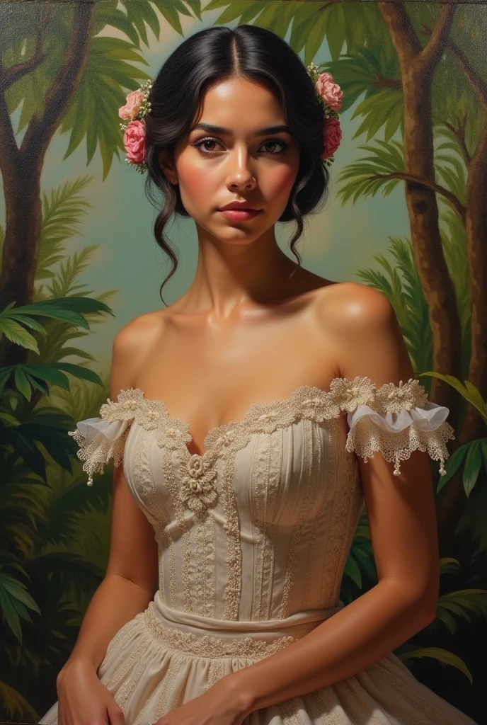 Oil painting of a Beautiful latina woman perfect body short brunette hair, dressed in elegant victorian era 19th century American colorful conservative formal studio lighting, beautiful outdoor paradise background
