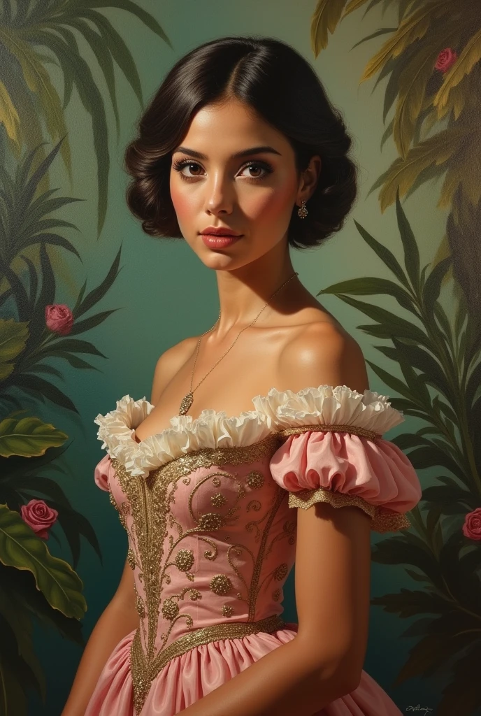 Oil painting of a Beautiful latina woman perfect body short brunette hair, dressed in elegant victorian era 19th century American colorful conservative formal studio lighting, beautiful outdoor paradise background