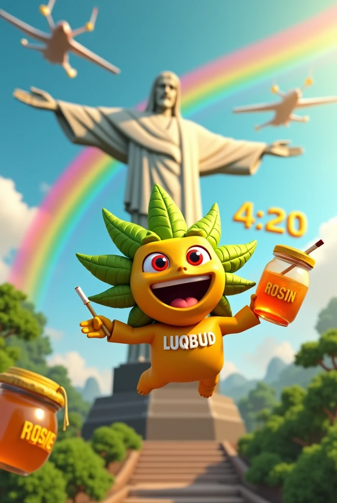 3D EMOJI OF CANNABIS WITH A BIG SMILE AND RED EYES DESCENDING FROM A RAINBOW WITH A JAR FULL OF HONEY IN HIS HANDS WRITTEN ROSIN YELLOW WITH WHITE DETAILS AND WEARING A SHIRT WRITTEN LUQBUD WITH A CIGARETTE IN HIS HAND IN FRONT OF CHRIST THE REDEEMER ON A SUNNY AFTERNOON WITH PLANES IN THE SKY FORMING THE WORD 4:20