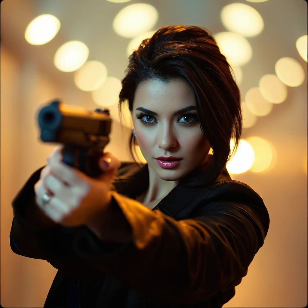 Beautiful lady spy dark hair dark eyes black leather jacket and jeans
