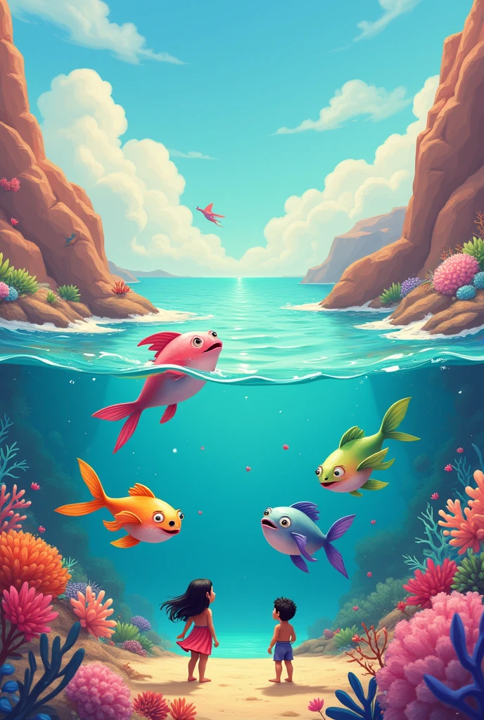 A group of smiling pastel colored fish jumping out of a large, calm desert ocean with very defined facial features looking charming. All surrounded by a coral reef atmosphere and Aztec children snorkeling.