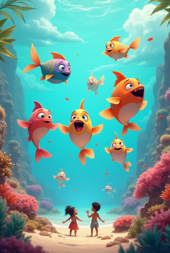 A group of smiling pastel colored fish jumping out of a large, calm desert ocean with very defined facial features looking charming. All surrounded by a coral reef atmosphere and Aztec children snorkeling.