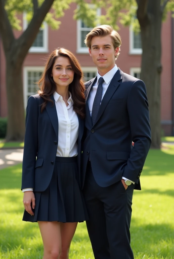 Make Lily Collins in college uniform and a tall young blonde man in college uniform 